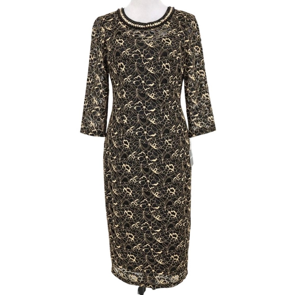 NWOT Vintage Liz Claiborne Elegant Black and Gold 3/4 sleeve Lace Dress Size 10